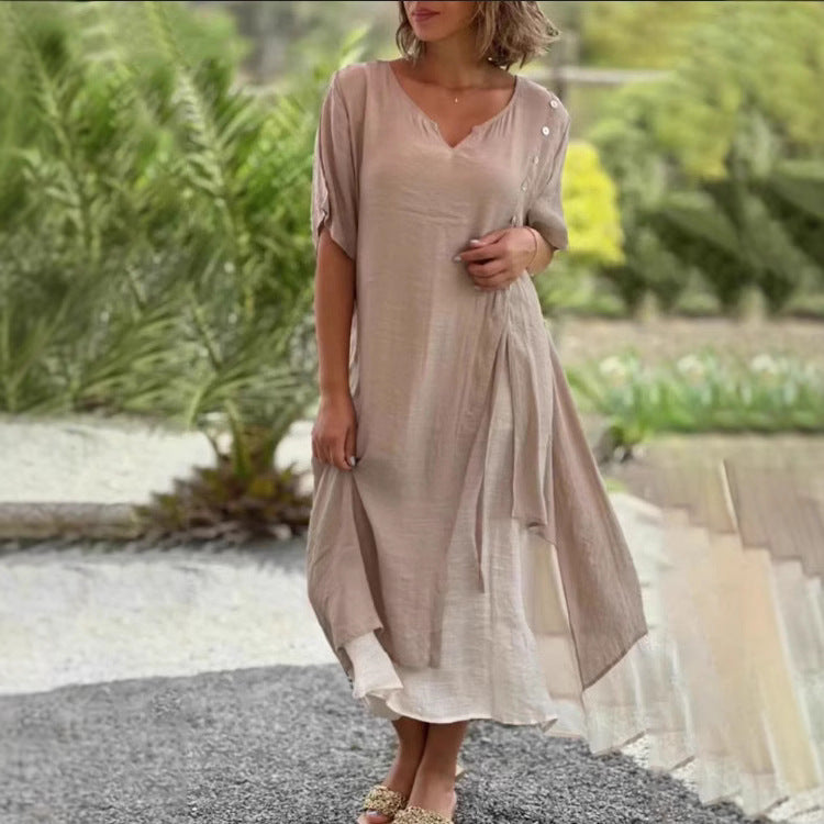 Damen nan zweilagiges Hemdkleid mit asymmetrischem Lagenrock, seitlicher Zierknopfleiste und Tunnelzug Drune