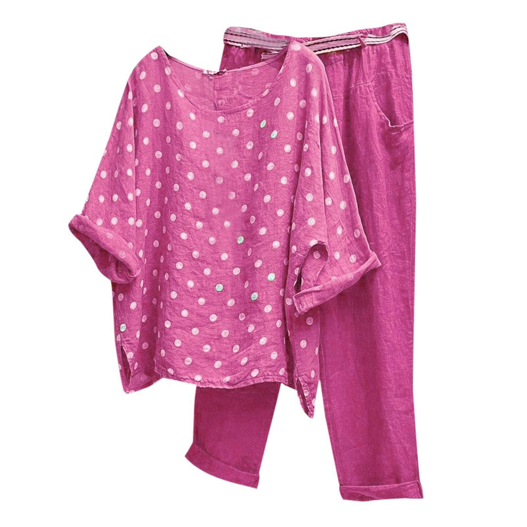Damen nan komfortables Leinen-Freizeitset mit weiter Tunika, Pünktchenmuster und elastischer Bundhose Drune