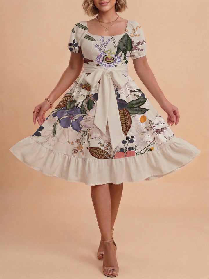 Damen Sommerliches Blumenkleid mit taillierbarem Gürtel und voluminösen Ärmeln Drune
