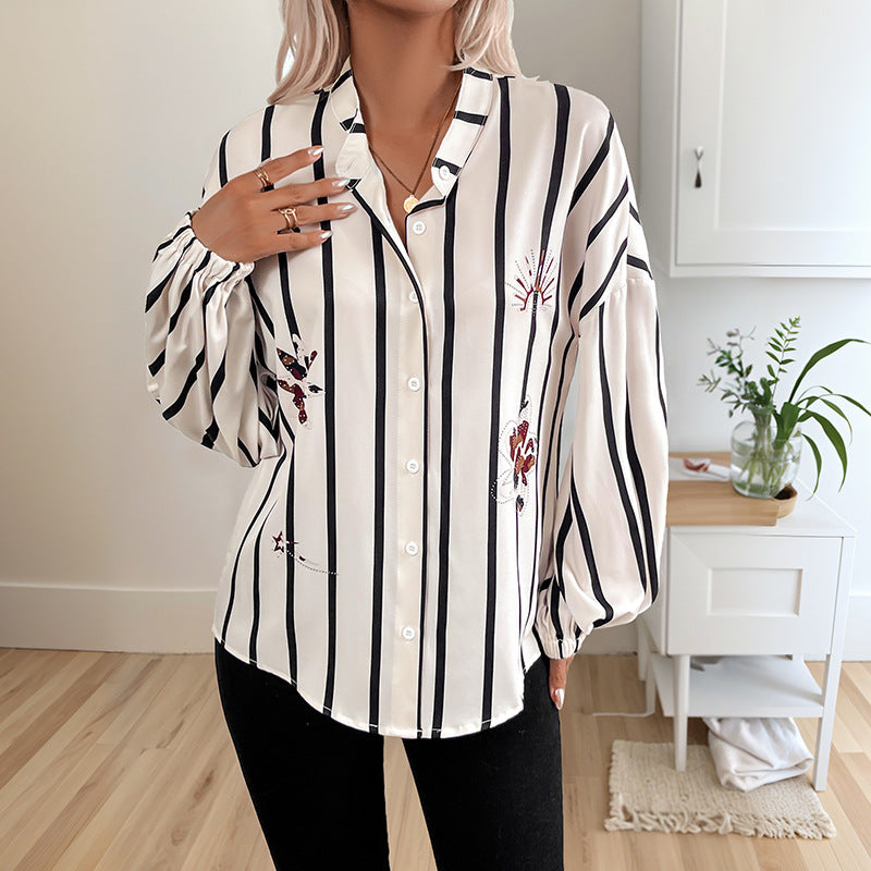 Damen gestreifte Bluse mit eleganten Stickereien und modischen Puffärmeln Drune
