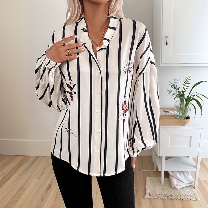 Damen gestreifte Bluse mit eleganten Stickereien und modischen Puffärmeln Drune
