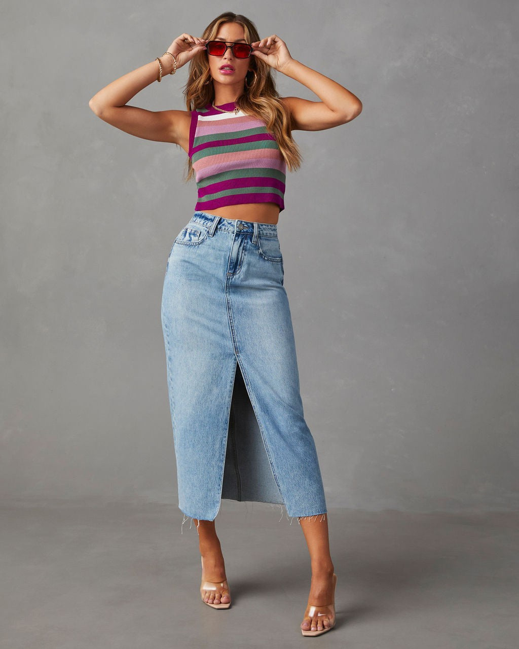 Damen Hoch geschnittene Denim-Midirock mit seitlichem Schlitz und fransigen Säumen Drune