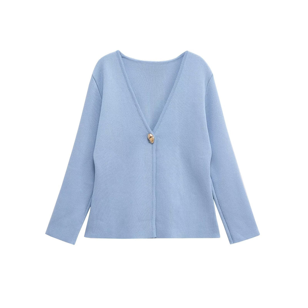 Damen elegante Strickjacke mit tiefem V-Ausschnitt und dekorativem Knopf Drune