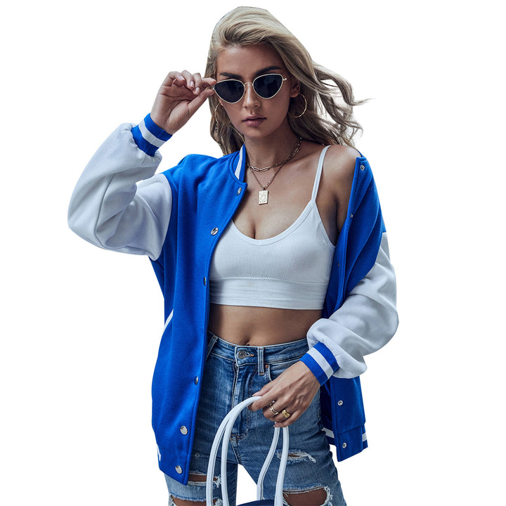 Damen Baseballjacke mit kontrastierenden Ärmeln und Druckknopfverschluss Drune