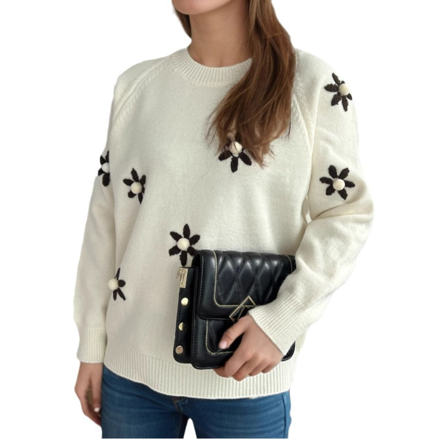 Damen Strickpullover mit floralen Applikationen und lässigem Schnitt Drune
