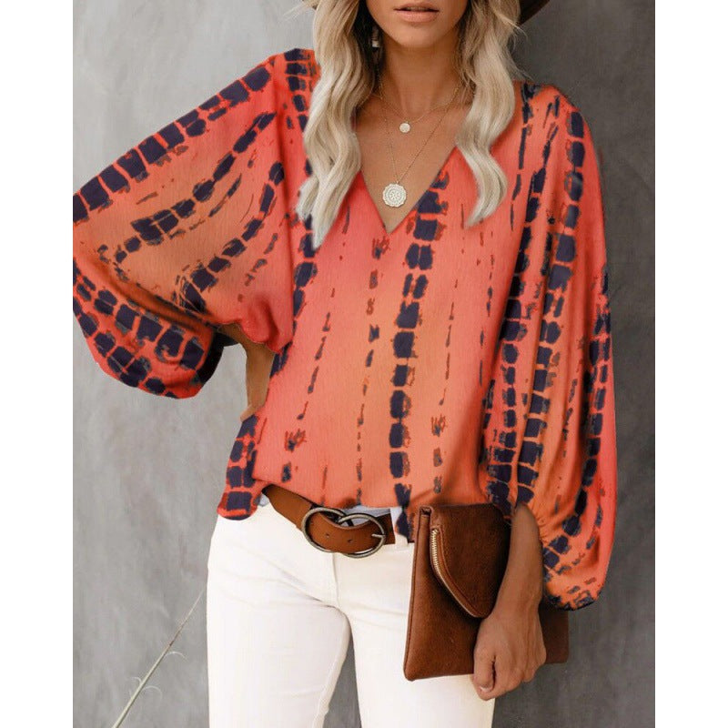 Damen Modische Bluse mit weitem Arm und V-Ausschnitt Drune