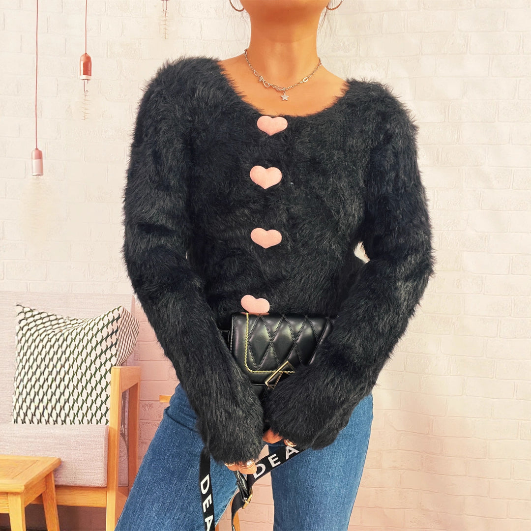 Damen Kuscheliger Strickpullover mit Herzknöpfen Drune