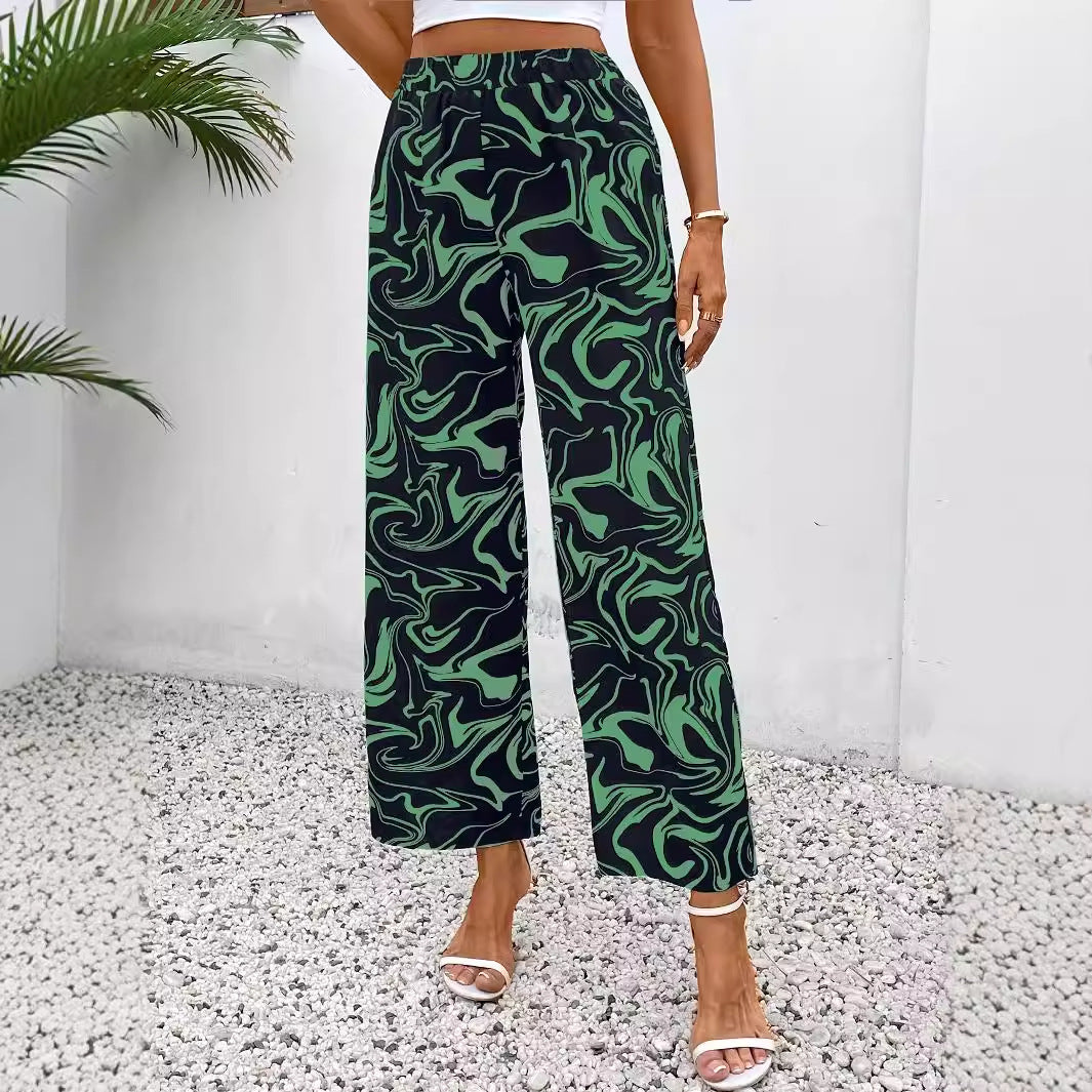 Damen Weite Palazzo-Hose mit modernem Marmorprint und elastischem Bund Drune