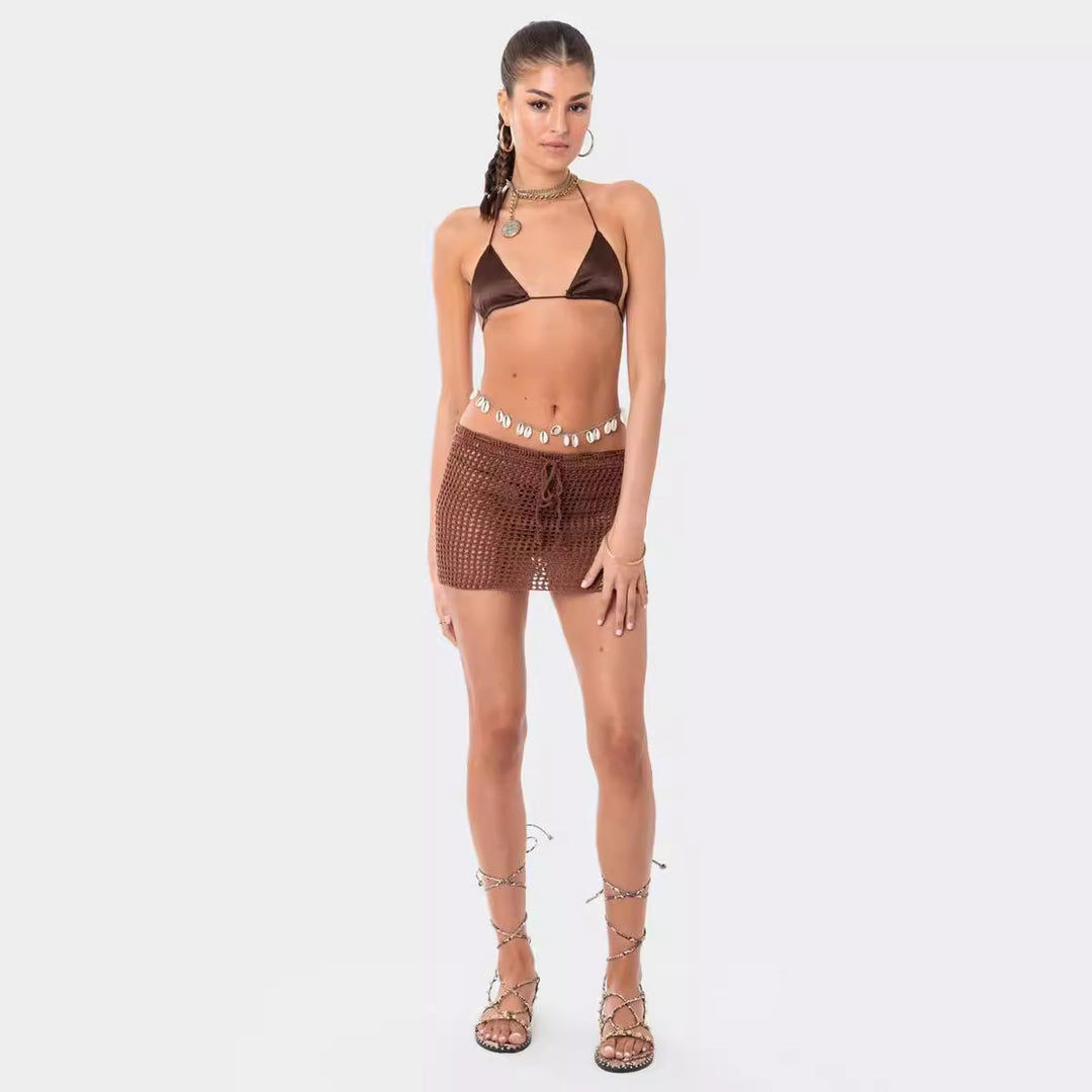 Damen gehäkeltes Strand-Outfit mit verstellbarem Oberteil und Shorts Drune