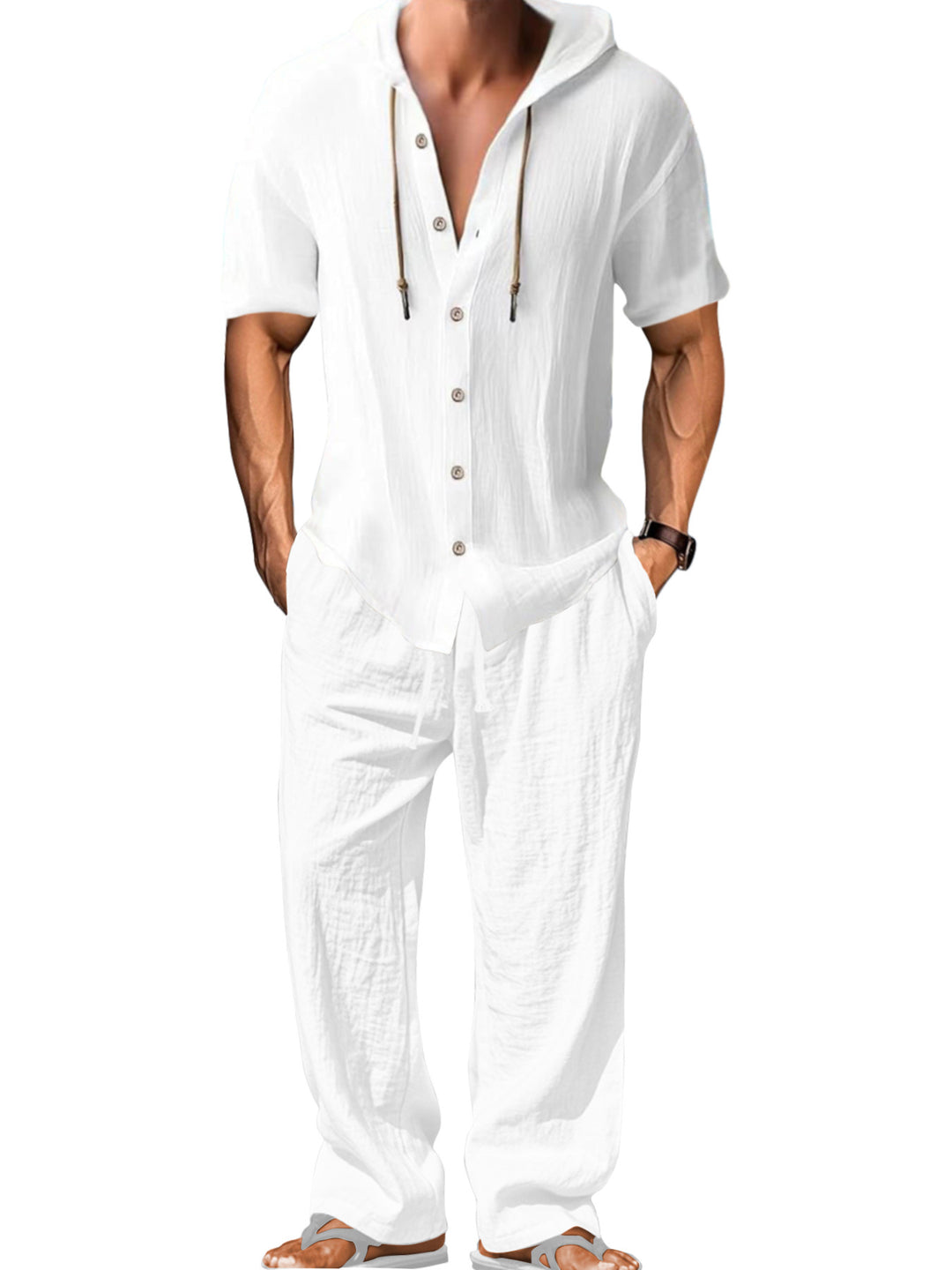 Herren nan luftiges Leinen-Lounge-Set mit kurzärmeligem Kapuzenhemd und gerader Relaxhose Drune
