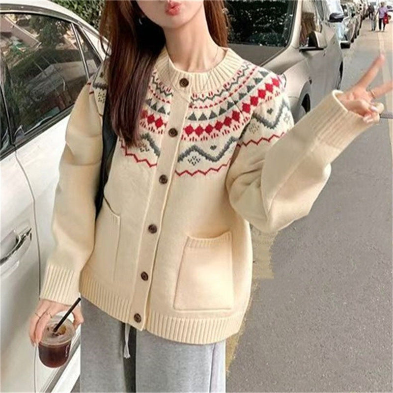 Damen Strickjacke mit grafischem Muster und funktionalen Taschen Drune