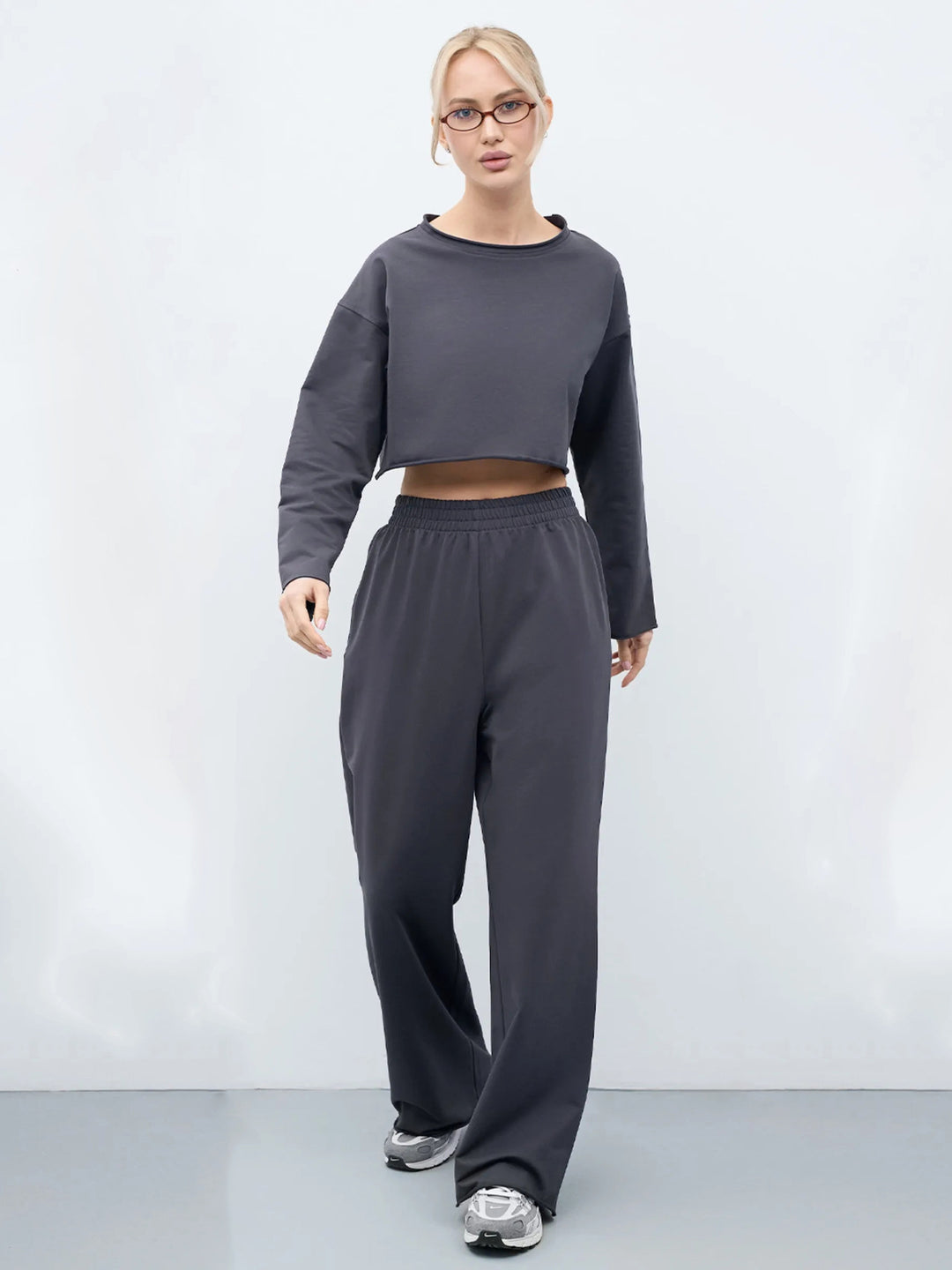 Damen Komfortables Cropped Sweatshirt und Weite Jogginghose Set Drune