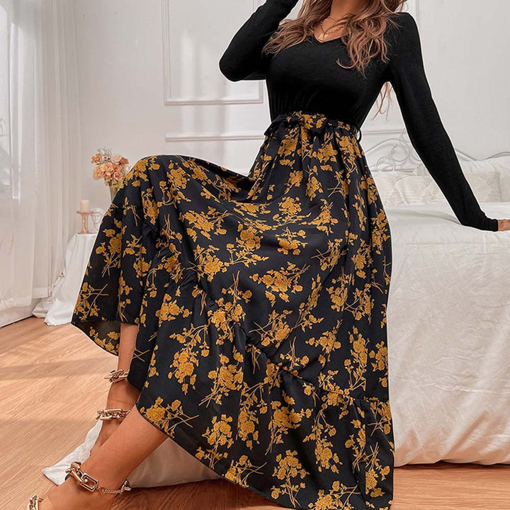 Damen Maxikleid mit tiefem V-Ausschnitt und floralem Rock Drune