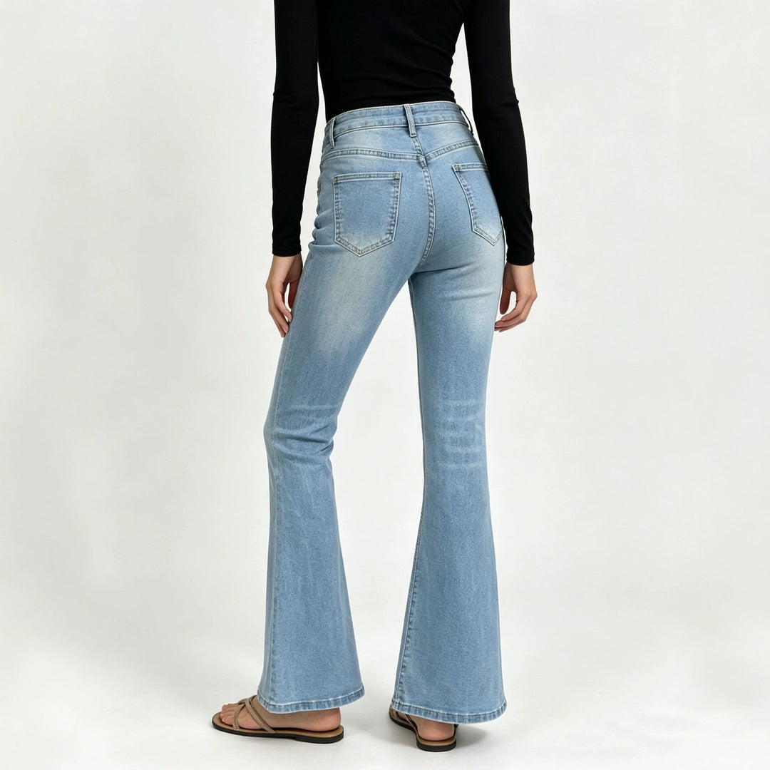 Damen nan hochgeschnittene Jeans mit schmaler Hüftpartie und weitem Schlag mit elastischem Bund Drune