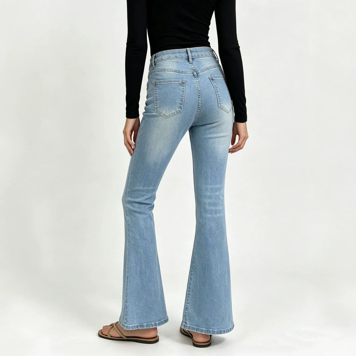 Damen nan hochgeschnittene Jeans mit schmaler Hüftpartie und weitem Schlag mit elastischem Bund Drune