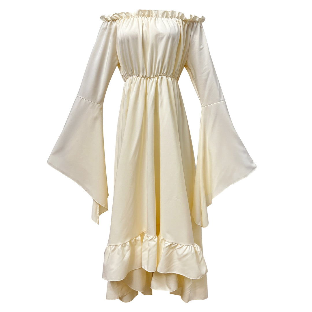 Damen nan schulterfreies Maxikleid mit Volantstufen und weiten Trompetenärmeln Drune