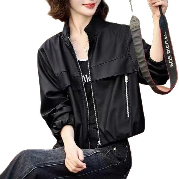 Damen Modische und edgy Lederjacke mit hohem Kragen und doppelt genähten Nähten Drune
