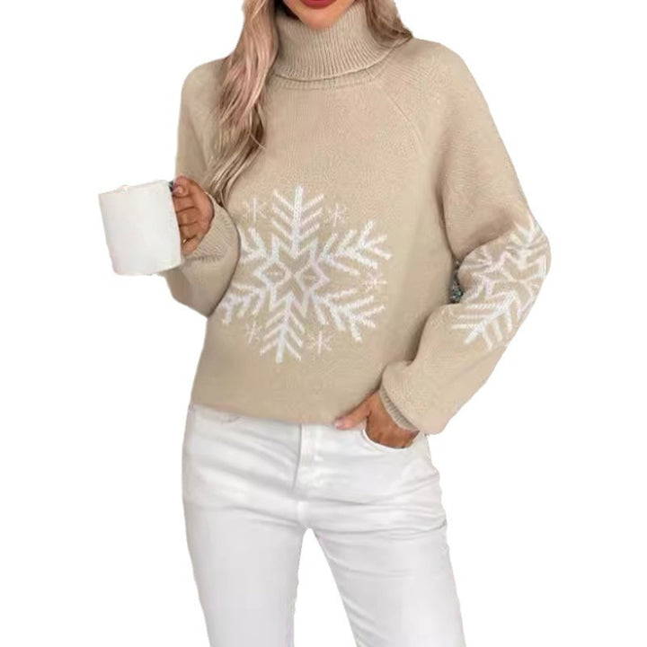 Damen Strickpullover mit hohem Kragen und festlichem Schneeflocken-Motiv Drune