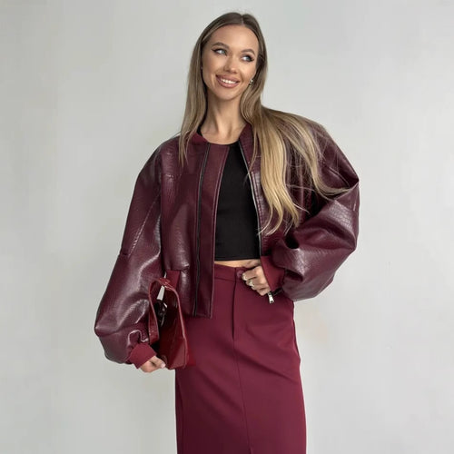 Damen trendige cropped Kunstlederjacke mit voluminösen Ärmeln Drune
