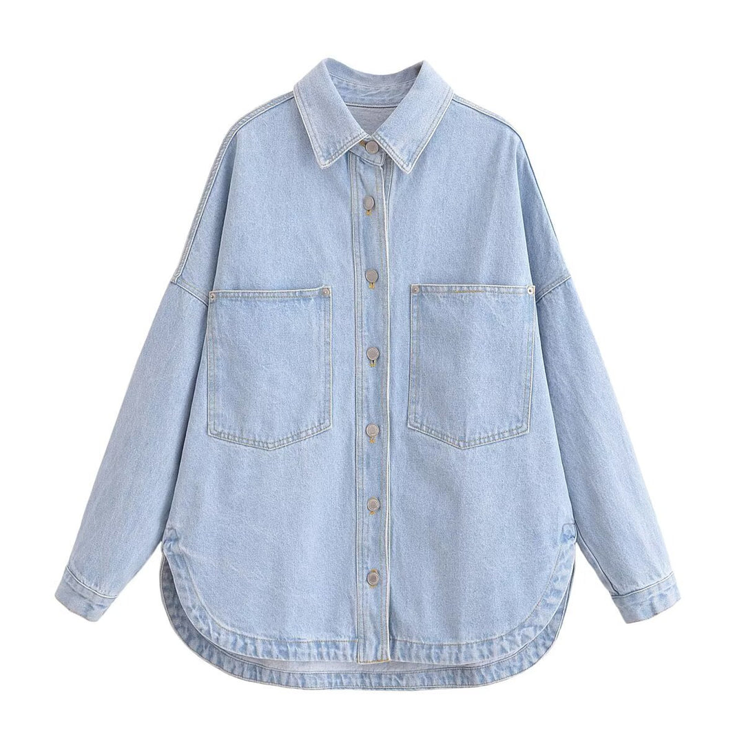 Damen nan oversized Jeanshemd mit aufgesetzten Brusttaschen, leichter Baumwoll-Denim und abgerundetem Saum Drune