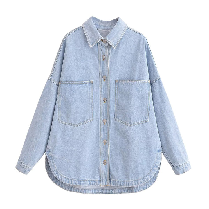 Damen nan oversized Jeanshemd mit aufgesetzten Brusttaschen, leichter Baumwoll-Denim und abgerundetem Saum Drune