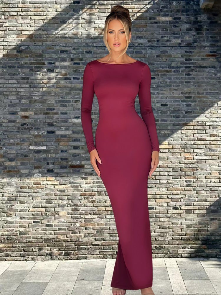 Damen Langarm-Maxikleid mit figurbetonter Silhouette und elegantem Ausschnitt Drune