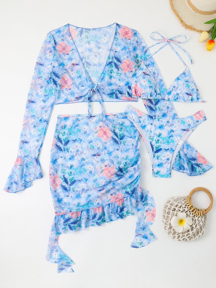 Damen Badeset mit floralem Design, kurzem Oberteil und Wickelrock Drune