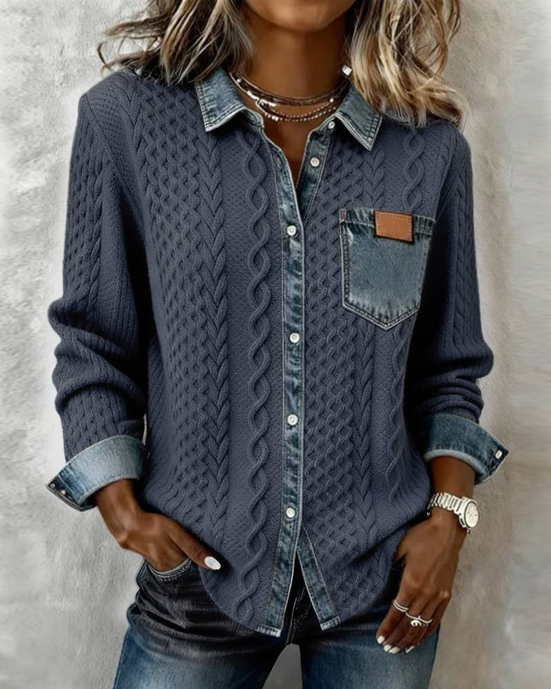 Damen nan geflochtener Strickpullover mit integriertem Jeanskragen und Brusttasche Drune