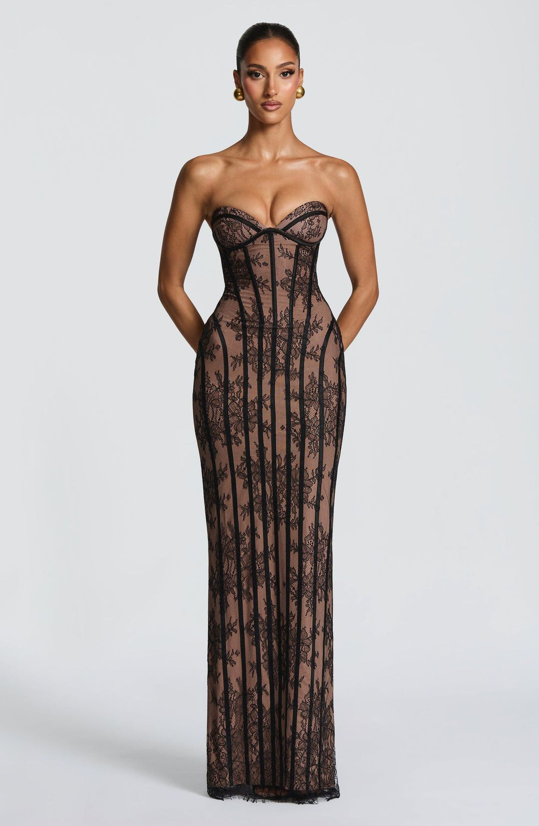 Damen figurbetontes Spitzenkleid mit Bustier-Oberteil und eleganten Details Drune