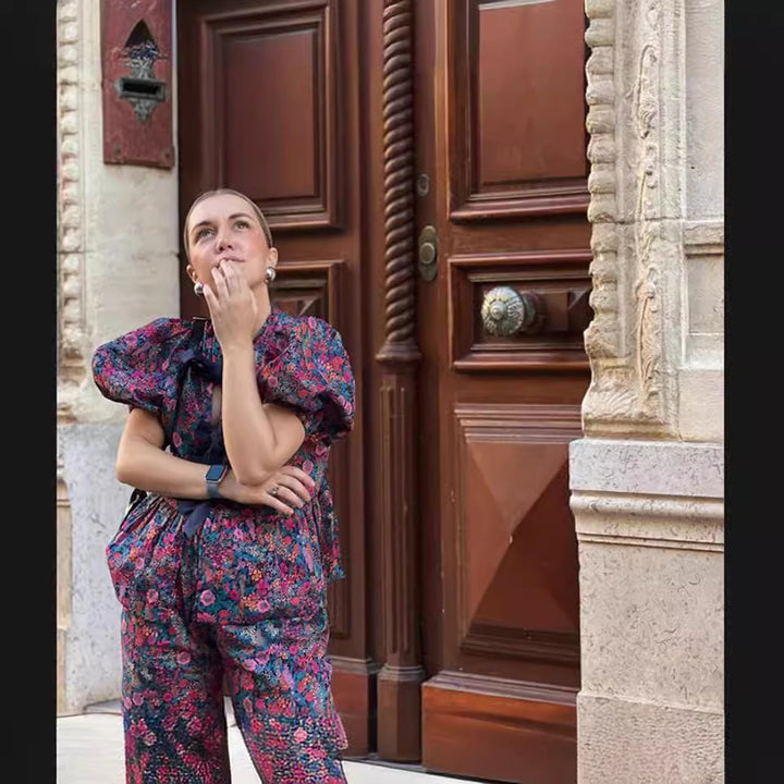 Damen Bluse mit voluminösen Ärmeln und floralen Mustern Drune