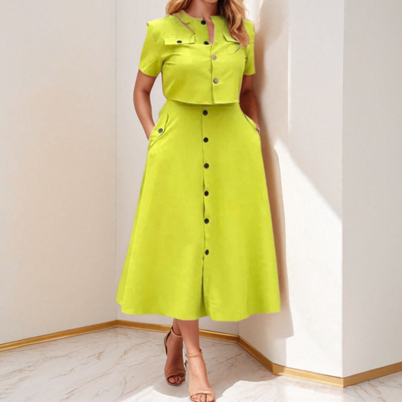 Damen Midi Kleid mit knöpfbarem Oberteil und taillierter Silhouette Drune