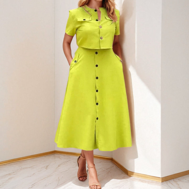 Damen Midi Kleid mit knöpfbarem Oberteil und taillierter Silhouette Drune