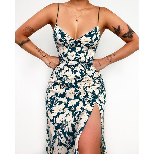 Damen Spaghettiträger Maxikleid mit floralem Design und hohem Schlitz Drune