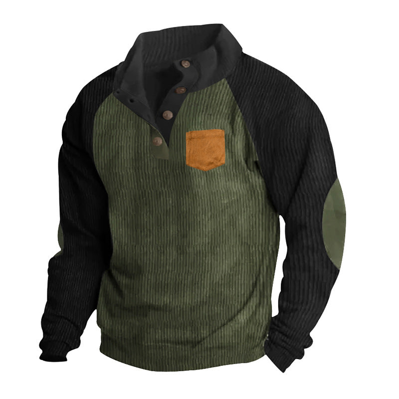 Herren nan strukturierter Halbknopf-Strickpullover im Cord-Look mit Raglanärmeln, aufgesetzter Brusttasche und Ellenbogenpatches Drune