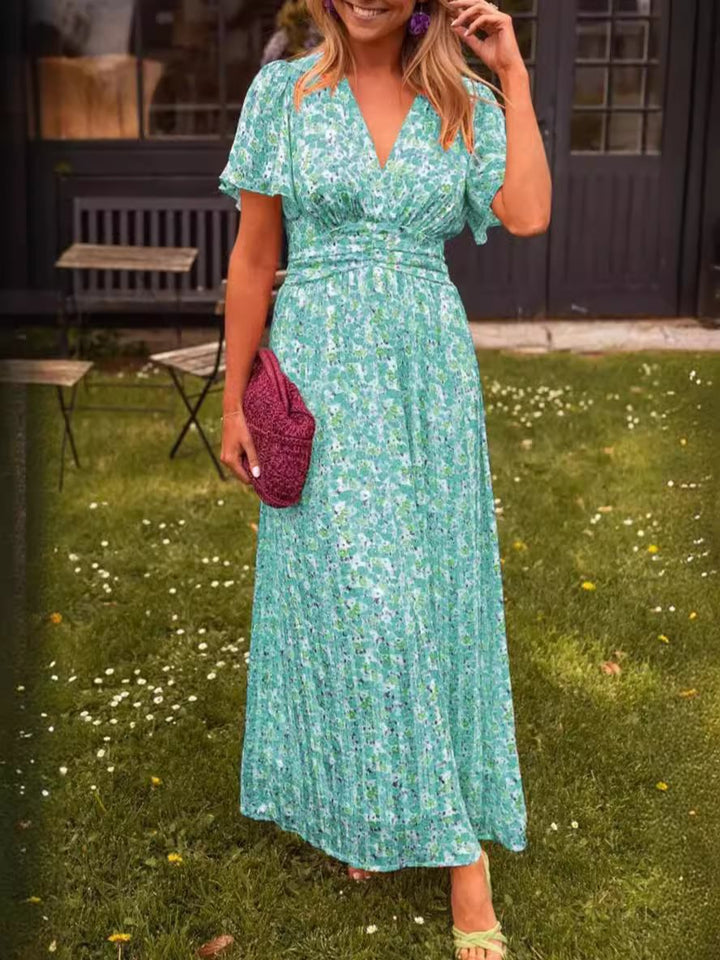 Damen Maxikleid mit elegantem V-Ausschnitt und verspieltem Puffärmel Drune