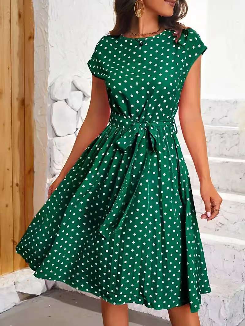 Damen Midikleid mit taillierendem Bindegürtel und verspieltem Polka-Dots Design Drune