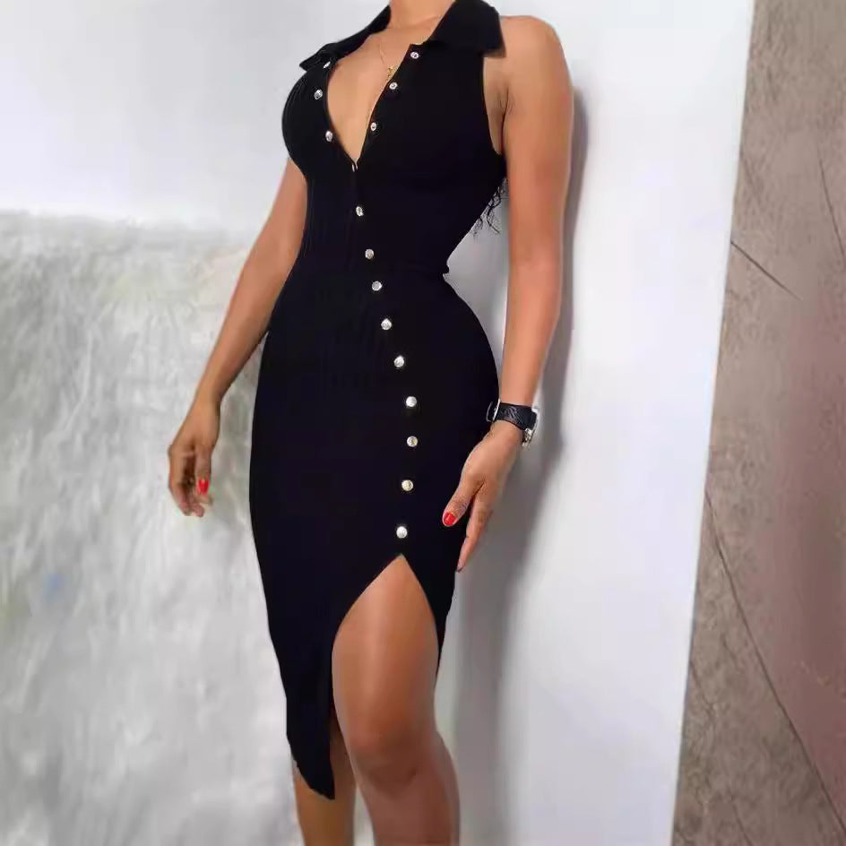 Damen Elegantes Kleid mit Knopfleiste und hohem Schlitz Drune