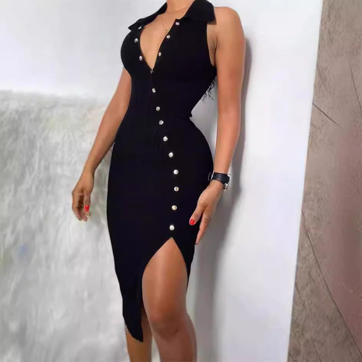 Damen Elegantes Kleid mit Knopfleiste und hohem Schlitz Drune
