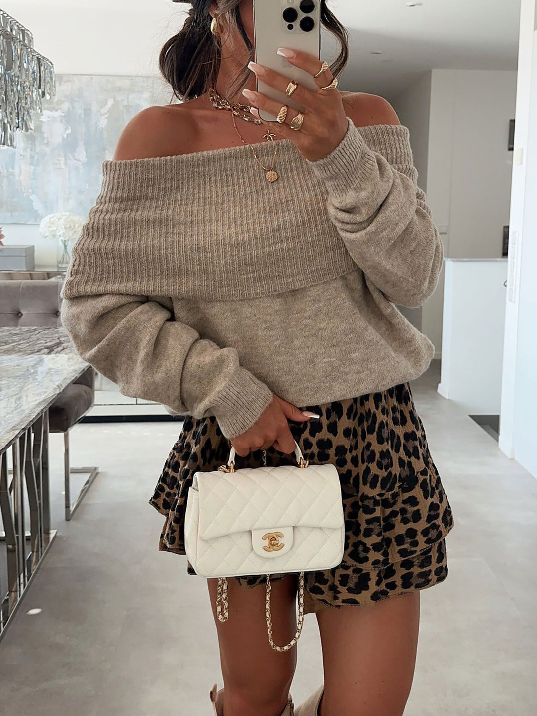 Damen lässiger Off-Shoulder Pullover mit Rippenstruktur Drune