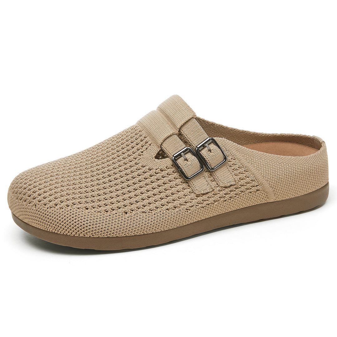 Damen nan gestrickter Clog-Mule mit doppelter Metallschnalle, atmungsaktivem 3D-Strickoberteil und ergonomischem Memory-Fußbett Drune