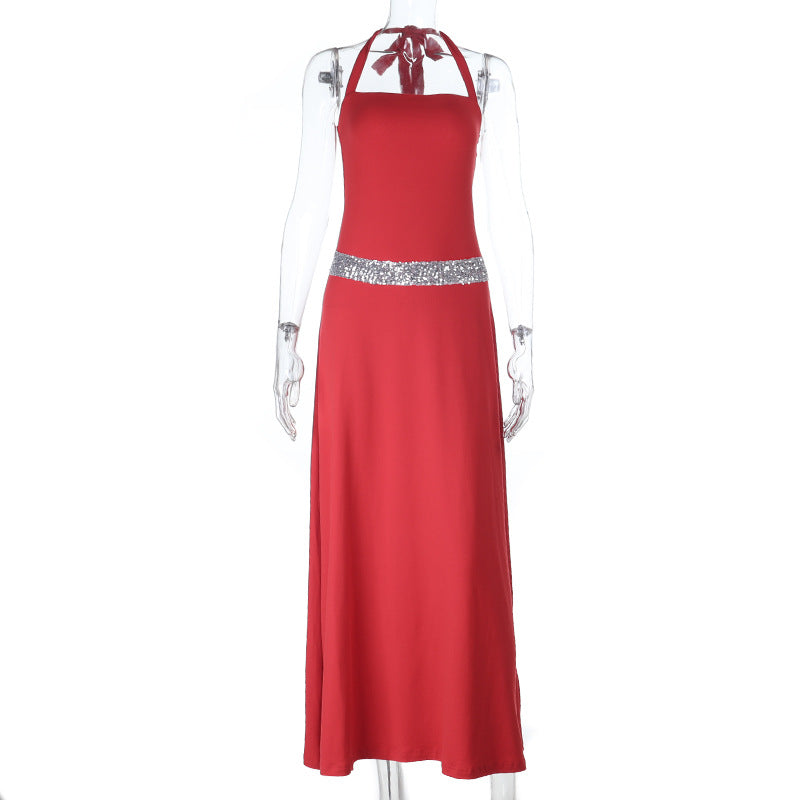 Damen elegantes Maxikleid mit schimmerndem Halterdesign und glitzerndem Taillengürtel Drune