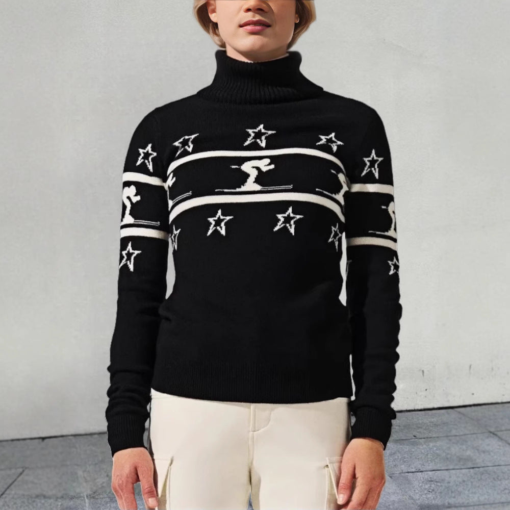 Damen Rollkragenpullover mit Skimotiv und Sternen Drune