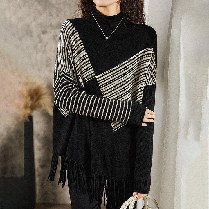 Damen Oversized Pullover mit grafischem Streifenmuster und Fransen Drune