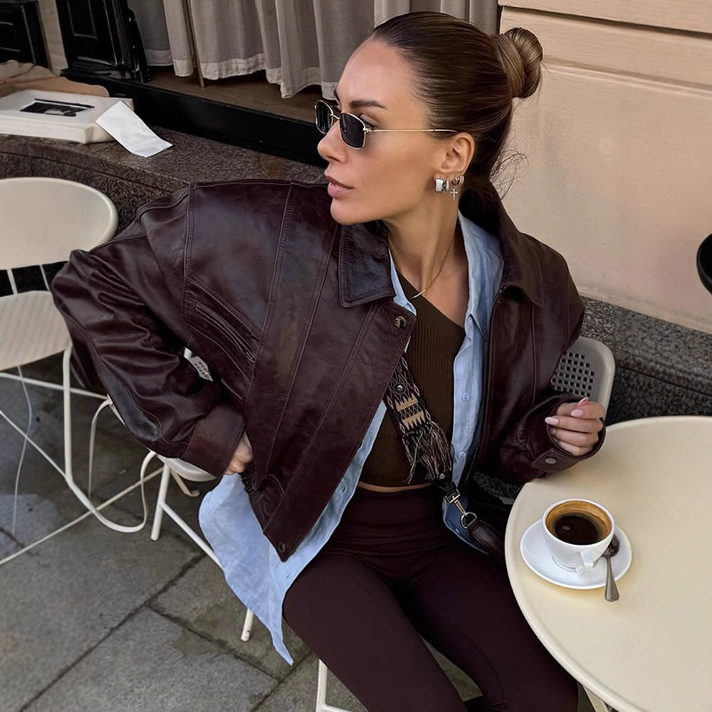 Damen lässige Kunstlederjacke mit oversized Schnitt und praktischen Taschen Drune