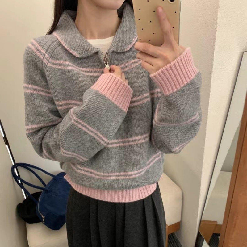 Damen Strickpullover mit Halbreißverschluss und gestreiftem Design Drune