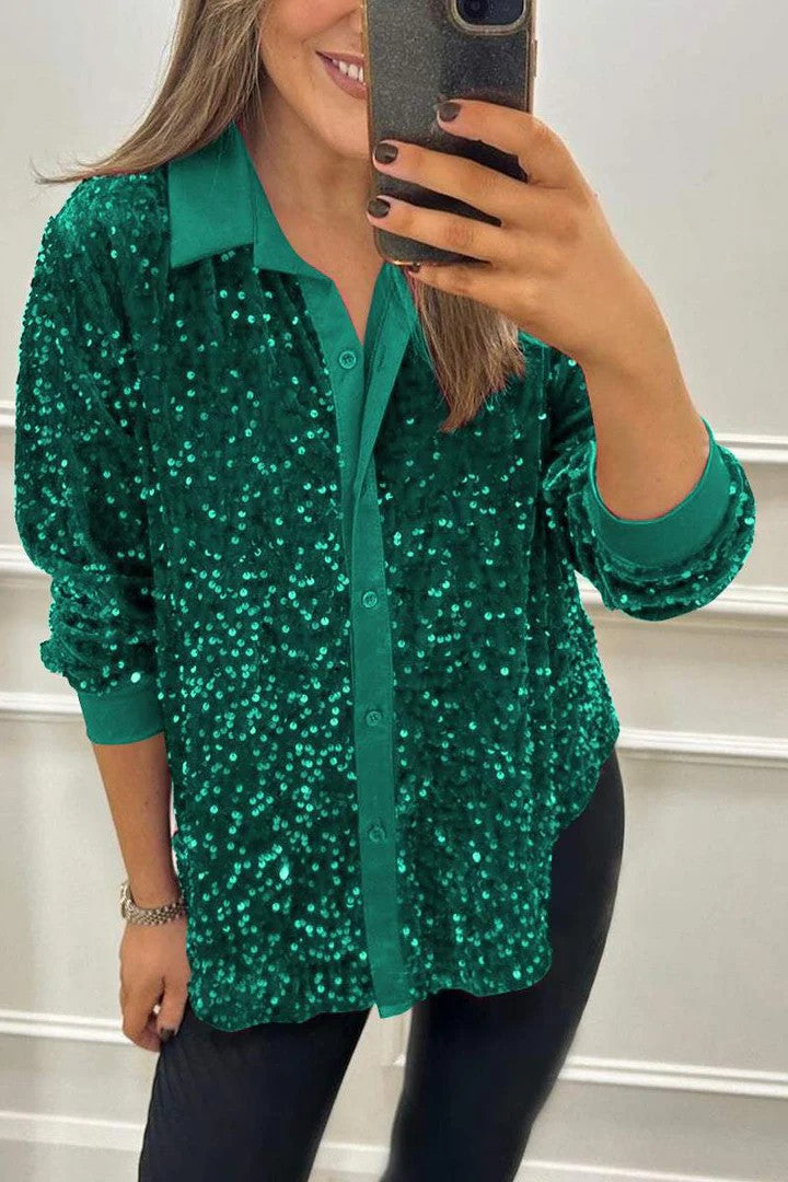 Damen Funkelnde Paillettenbluse mit klassischem Kragen Drune