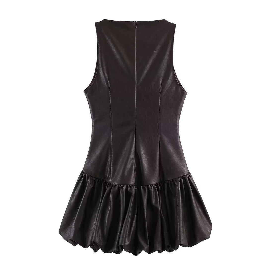 Damen ärmelloses Kunstlederkleid mit voluminösem Rock Drune