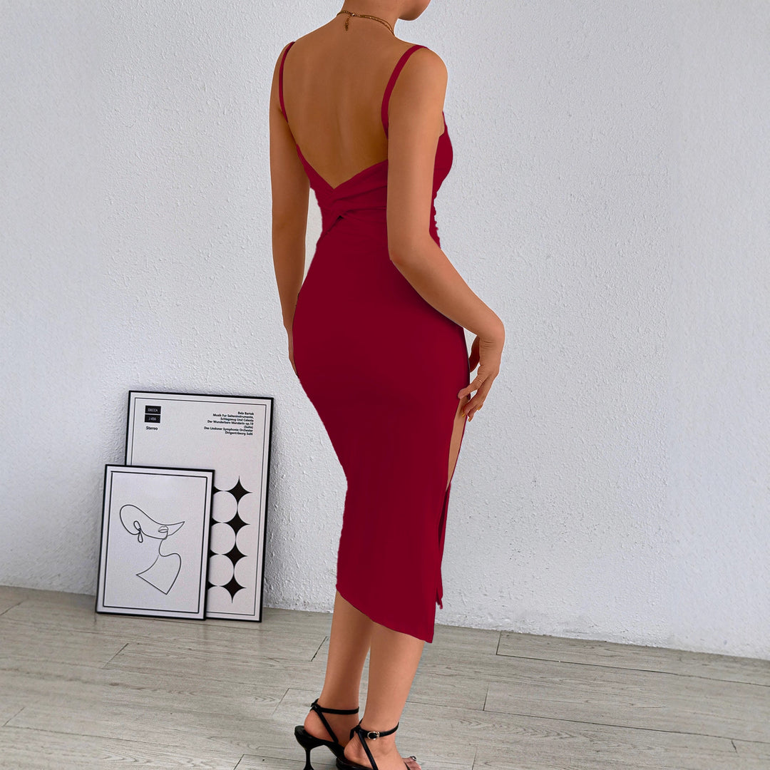 Damen figurbetontes Midi-Kleid mit schulterfreien Trägern und tiefem Schlitz Drune