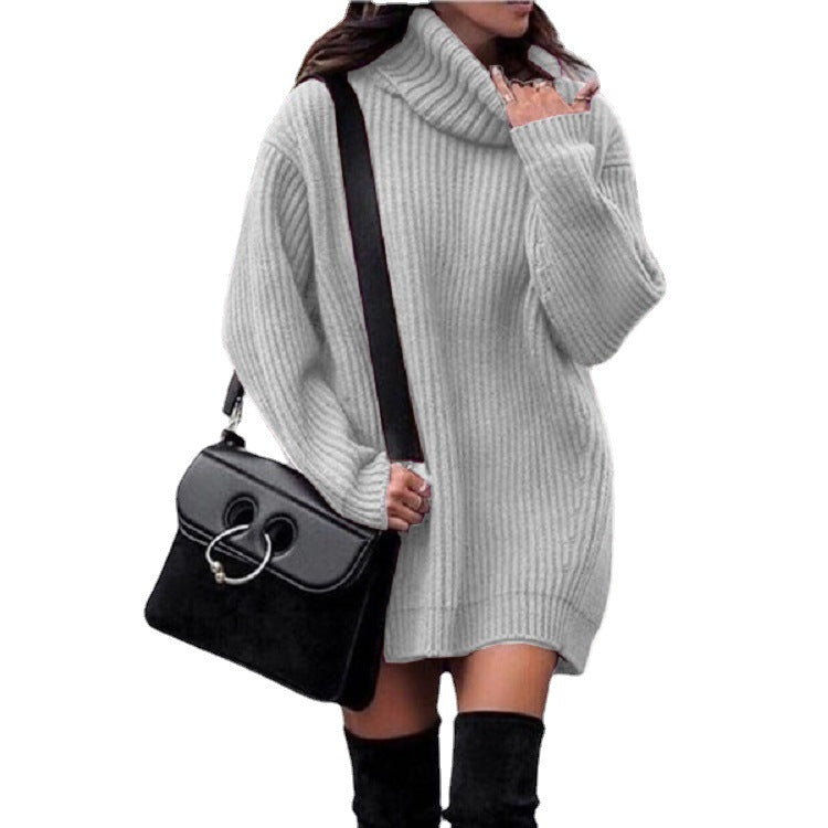 Damen Strickkleid mit hohem Kragen und Rippenstruktur Drune