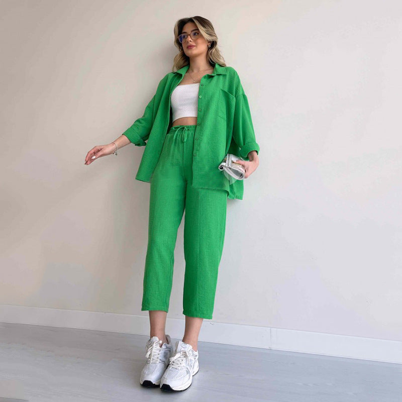 Damen lässige Loungewear-Kombination mit leichtem Leinenhemd und elastischer Hose Drune